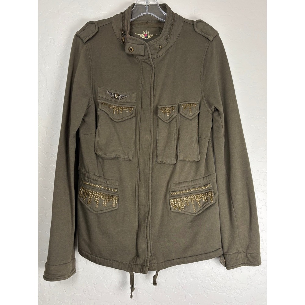 Twisted Heart Green Studded Utility Jacket Fleece Military Cargo‎ Medium 2155
